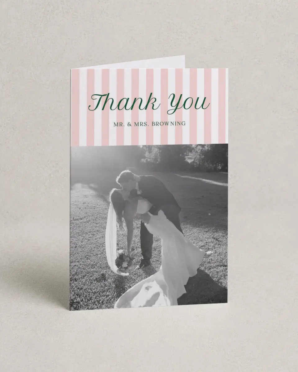 This is a 4" x 6" Folded Thank You Card called A Perfect Match printed in full color with Rose Gold foil on Luxe Satin (coated) paper