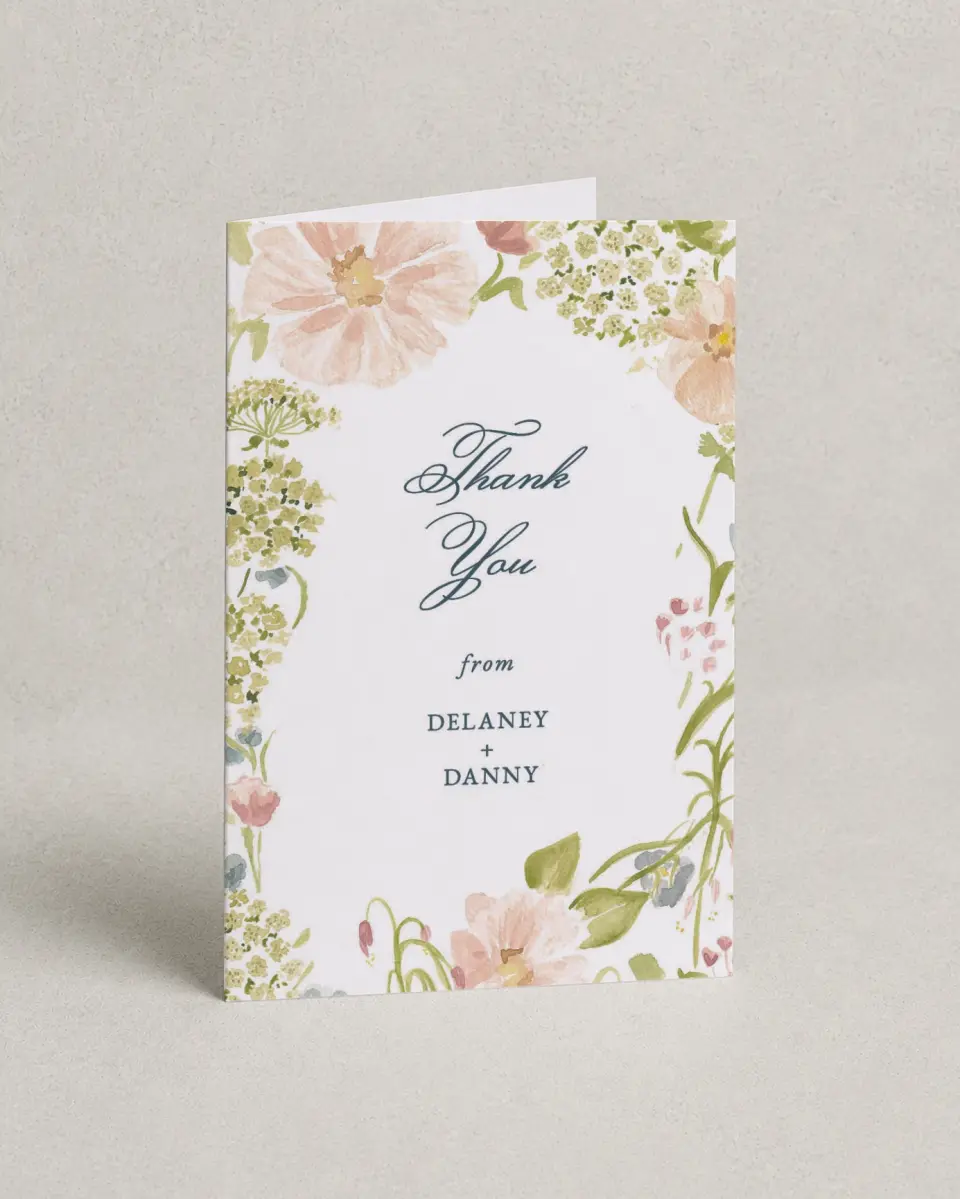 This is a 4" x 6" Folded Thank You Card called Garden of Vows printed in full color on Premium Smooth paper