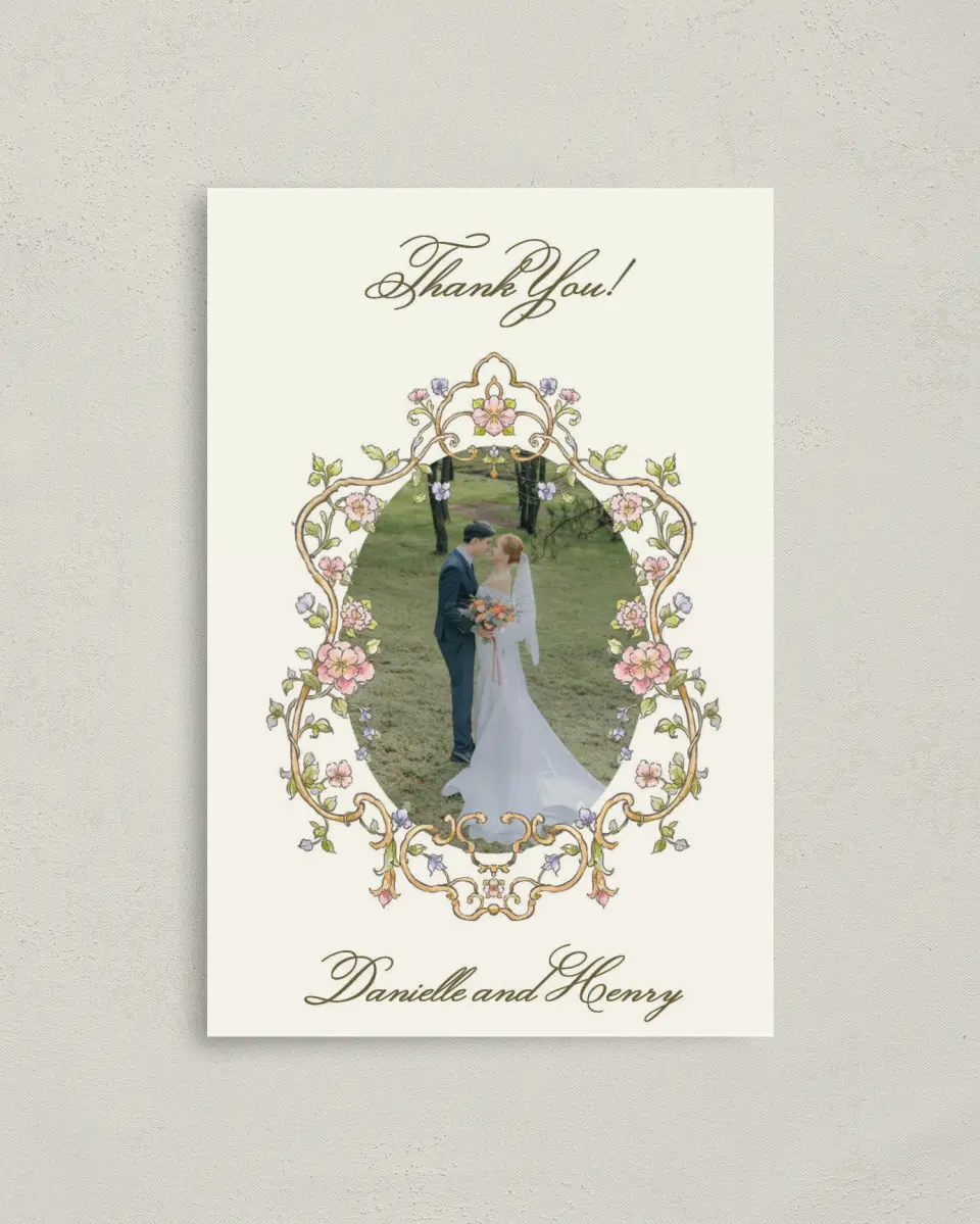 This is a 4" x 6" Folded Thank You Card called Ever After printed in full color on Premium Smooth paper