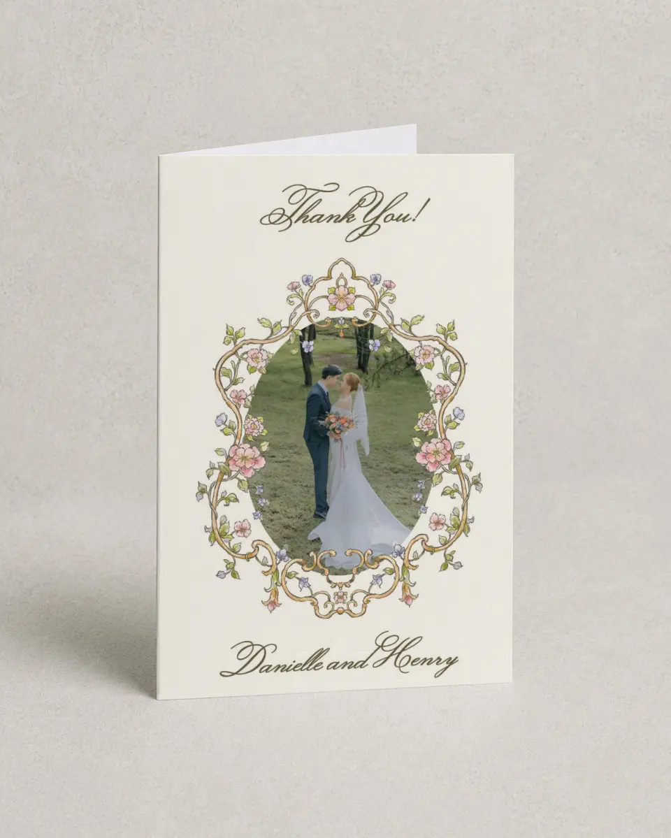 This is a 4" x 6" Folded Thank You Card called Ever After printed in full color on Premium Smooth paper