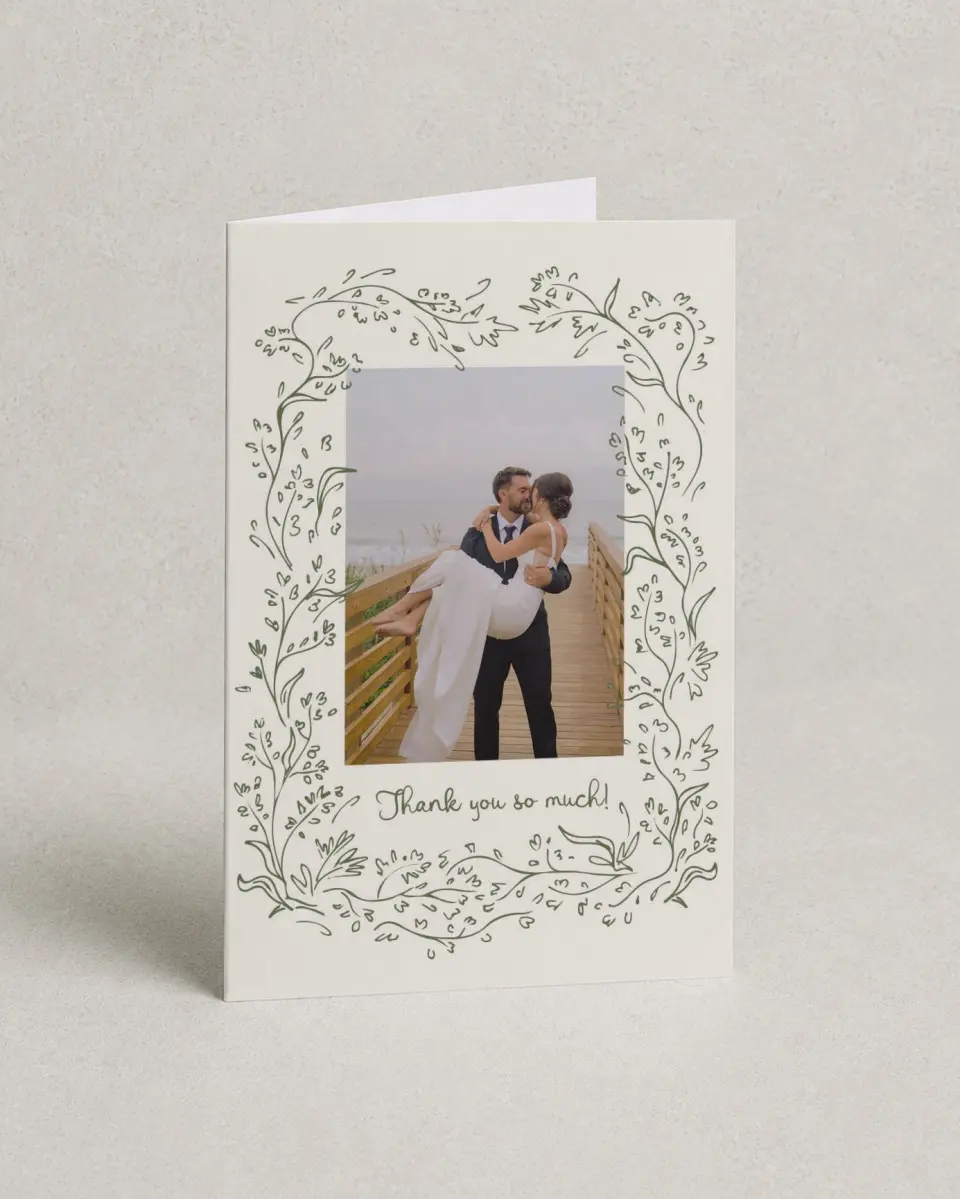 This is a 4" x 6" Folded Thank You Card called Sweet Woodland printed in full color on Premium Smooth paper