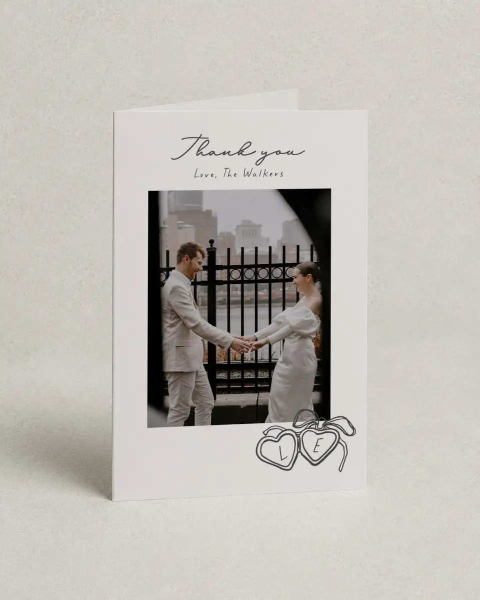 This is a 4" x 6" Folded Thank You Card called Locket of Love printed in full color with Gold foil on Luxe Satin (coated) paper
