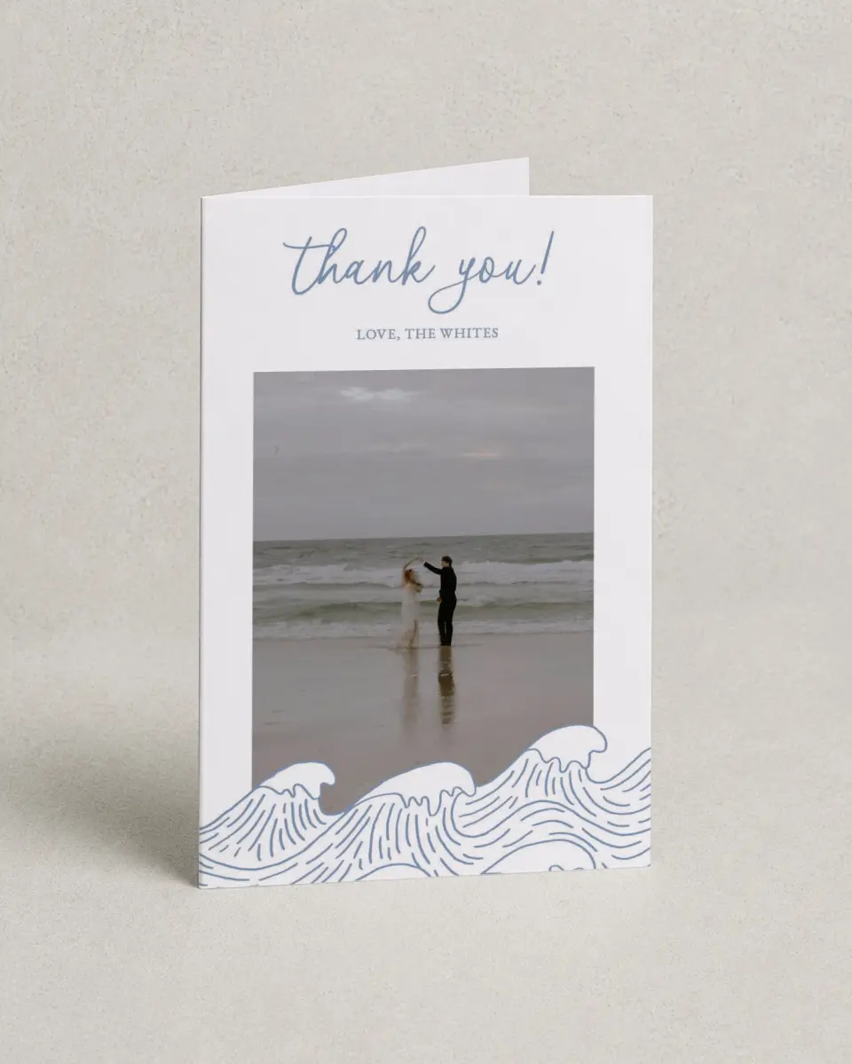 This is a 4" x 6" Folded Thank You Card called Wave of Love printed in full color on Premium Smooth paper