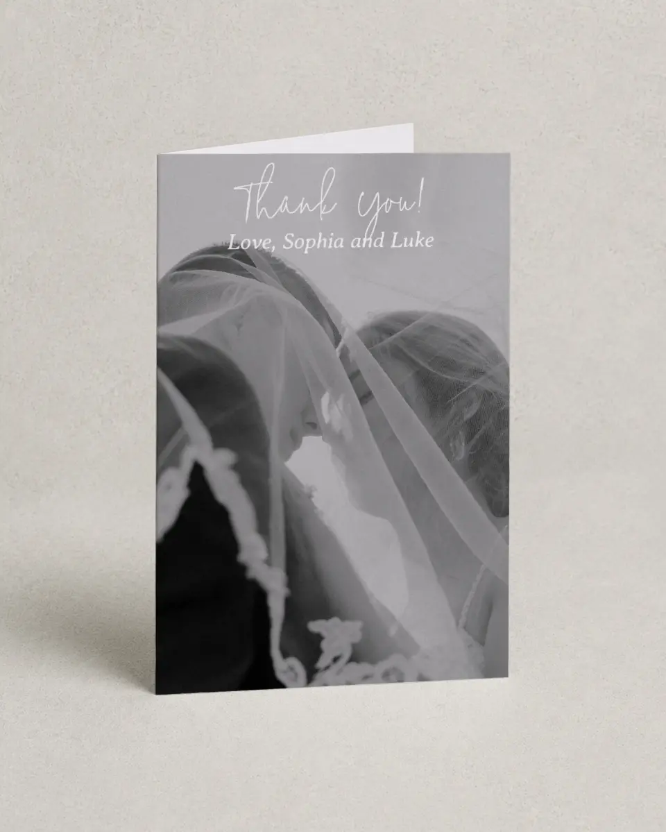 This is a 4" x 6" Folded Thank You Card called Mountain Bliss printed in full color with Silver foil on Luxe Satin (coated) paper