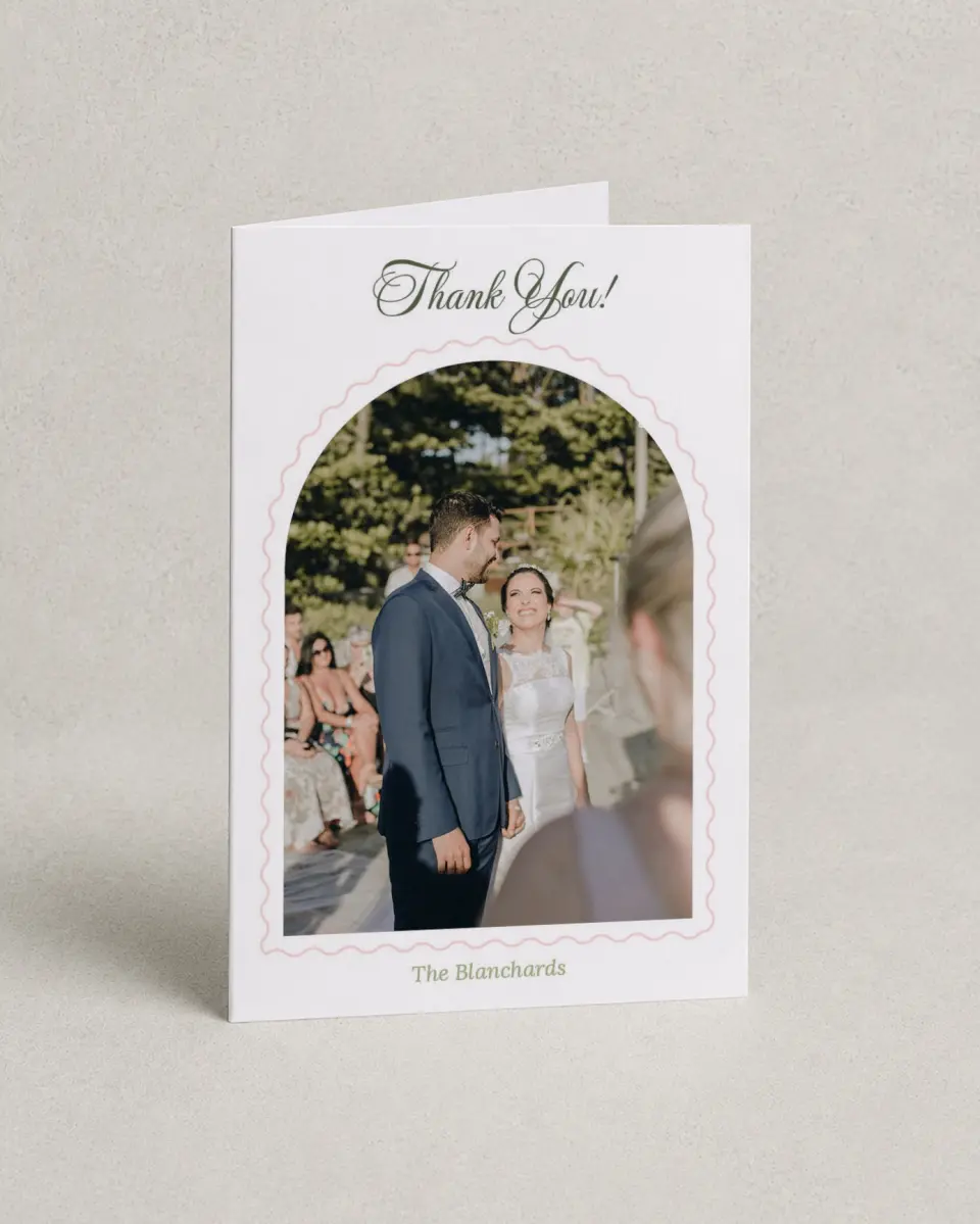 This is a 4" x 6" Folded Thank You Card called Palm Paradise printed in full color on Premium Smooth paper