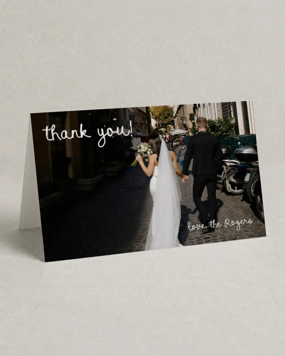 This is a 4" x 6" Folded Thank You Card called Evergreen Elegance printed in full color on Premium Smooth paper