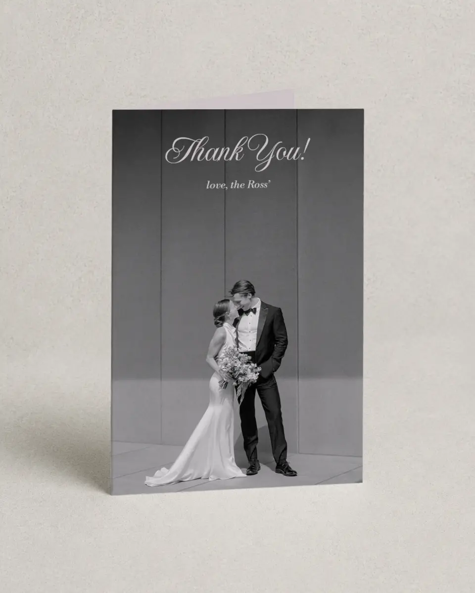 This is a 4" x 6" Folded Thank You Card called Meadow of Merriment printed in full color with Gold foil on Luxe Satin (coated) paper