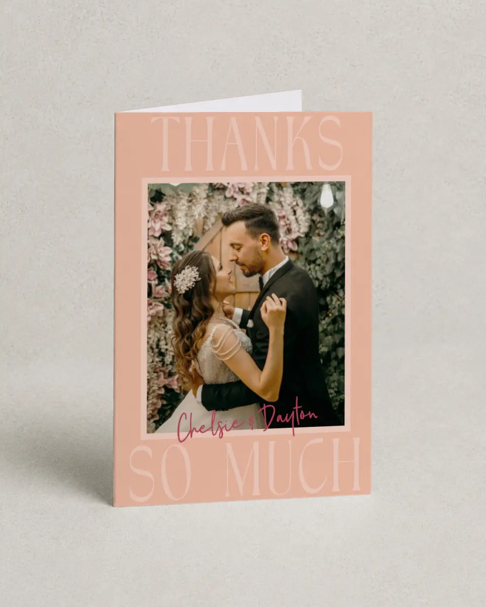 This is a 4" x 6" Folded Thank You Card called Lovey-Dovey printed in full color on Premium Smooth paper