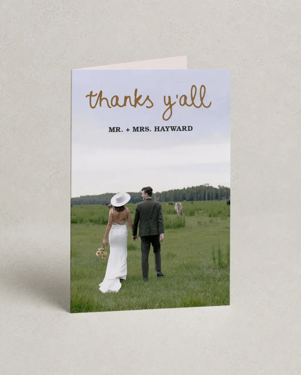 This is a 4" x 6" Folded Thank You Card called Head Over Boots printed in full color on Premium Smooth paper