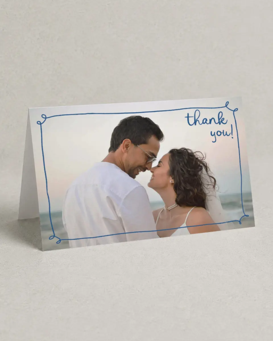 This is a 4" x 6" Folded Thank You Card called Abyssal Love printed in full color with Gold foil on Luxe Satin (coated) paper