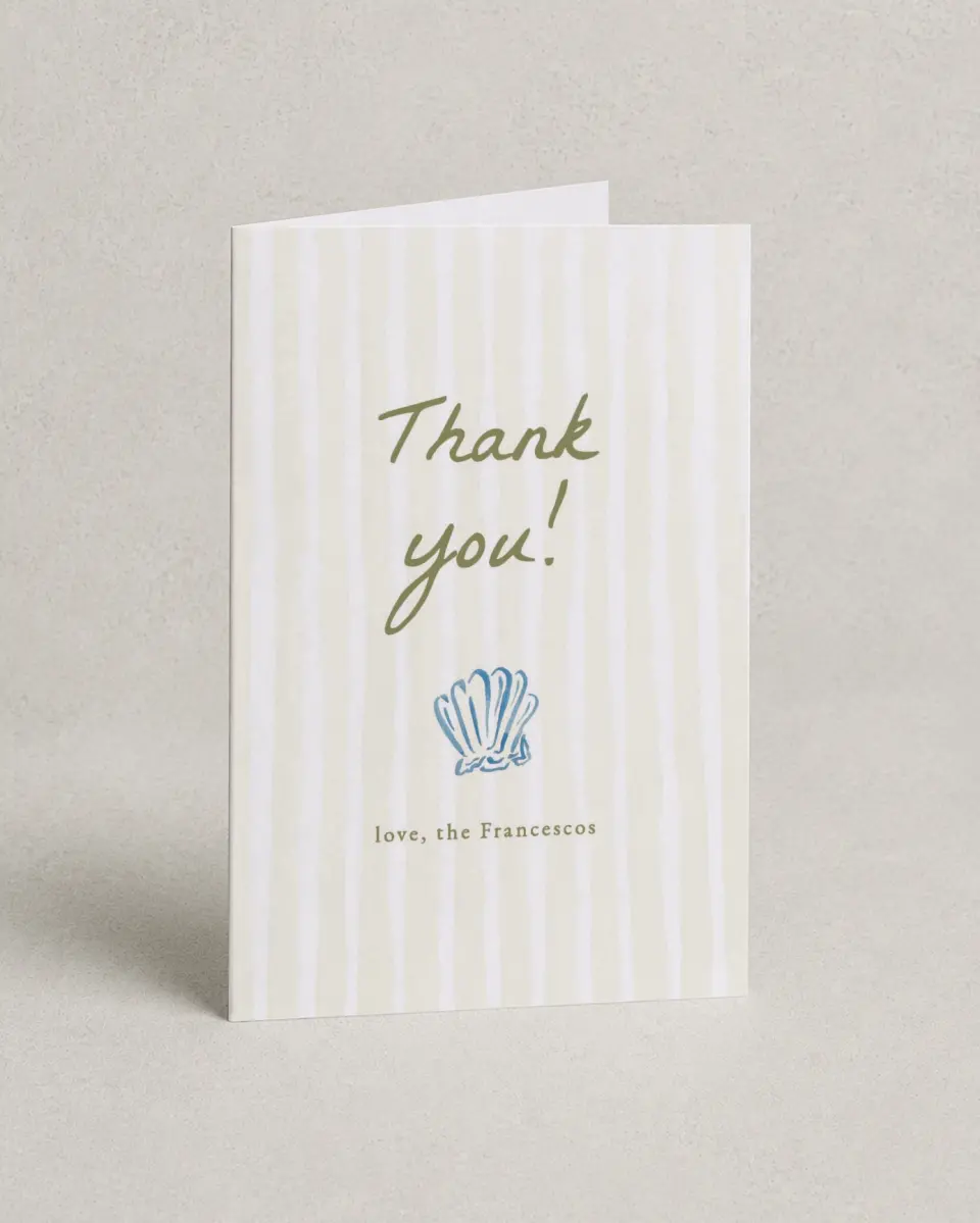 This is a 4" x 6" Folded Thank You Card called Positano Daydream printed in full color with Silver foil on Luxe Satin (coated) paper
