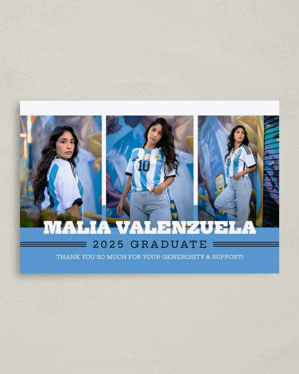 This is a 4" x 6" Folded Graduation Thank You Card called Sporty Spice printed in full color on Premium Smooth paper
