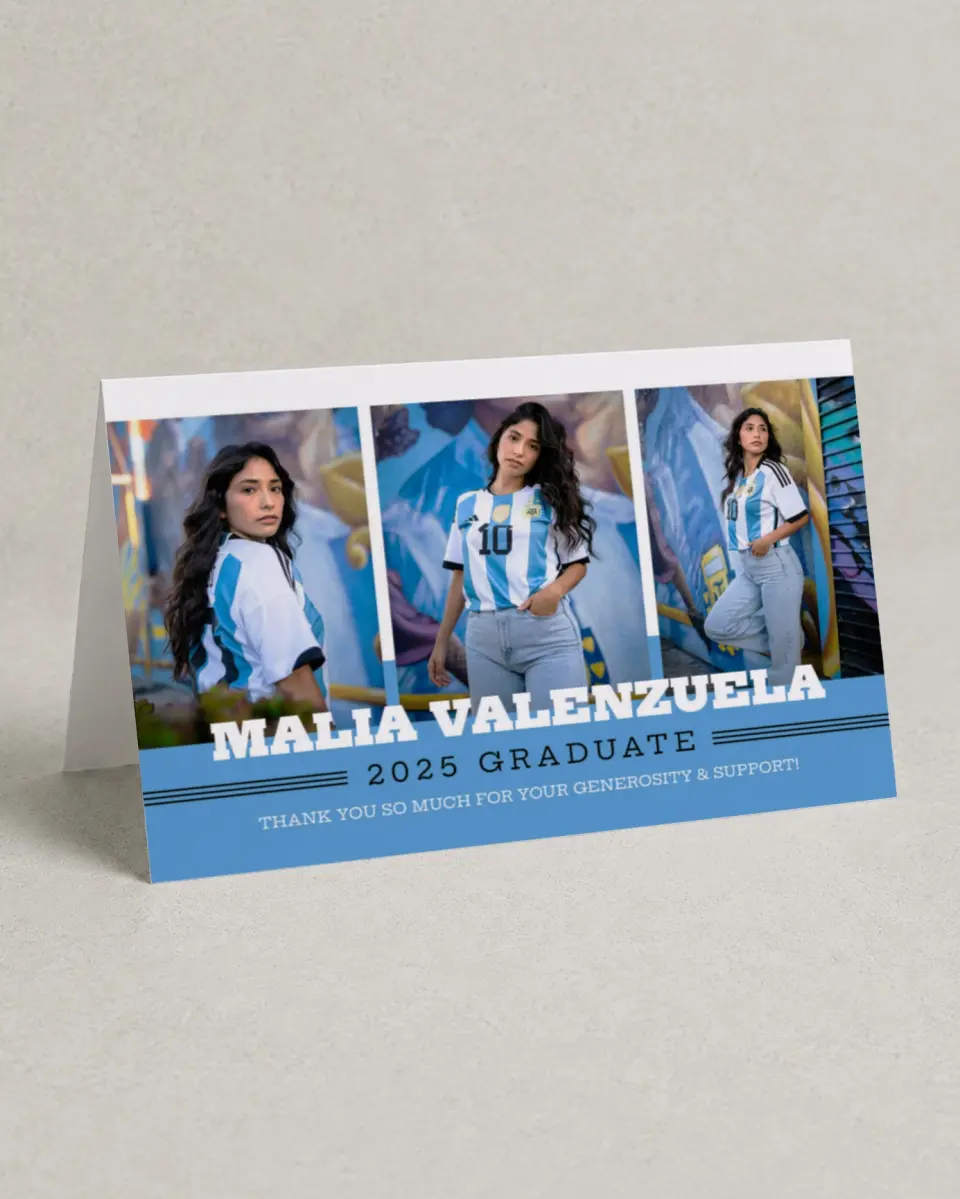 This is a 4" x 6" Folded Graduation Thank You Card called Sporty Spice printed in full color with Gold foil on Luxe Satin (coated) paper