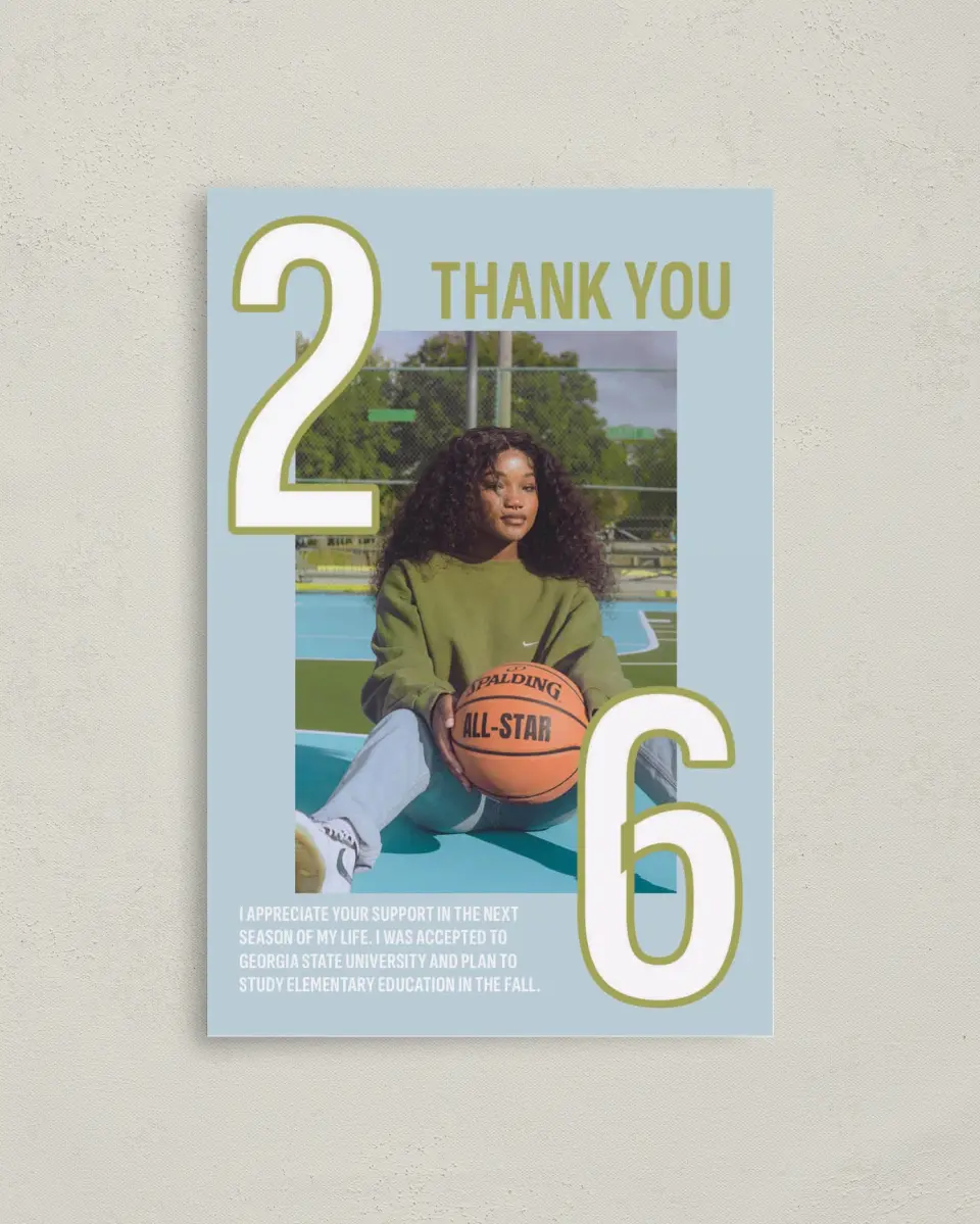 This is a 4" x 6" Folded Graduation Thank You Card called Big Grad Energy printed in full color on Premium Smooth paper
