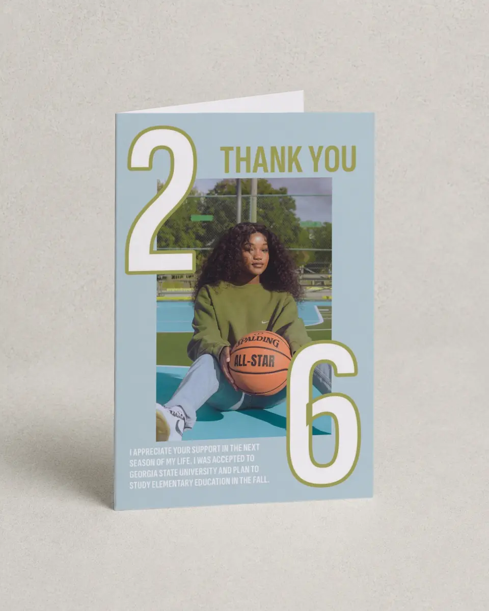 This is a 4" x 6" Folded Graduation Thank You Card called Big Grad Energy printed in full color with Rose Gold foil on Luxe Satin (coated) paper