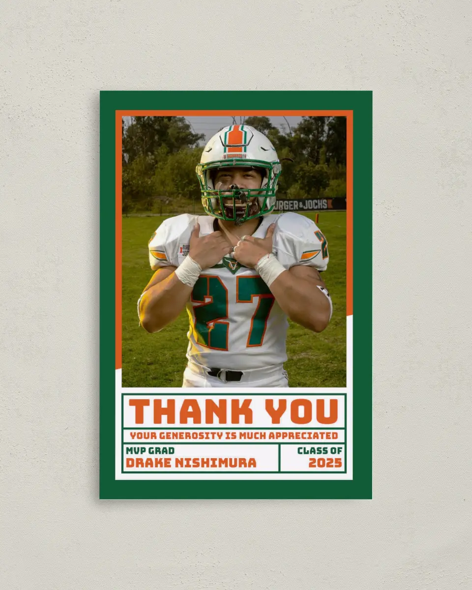 This is a 4" x 6" Folded Graduation Thank You Card called MVP Grad printed in full color on Premium Smooth paper