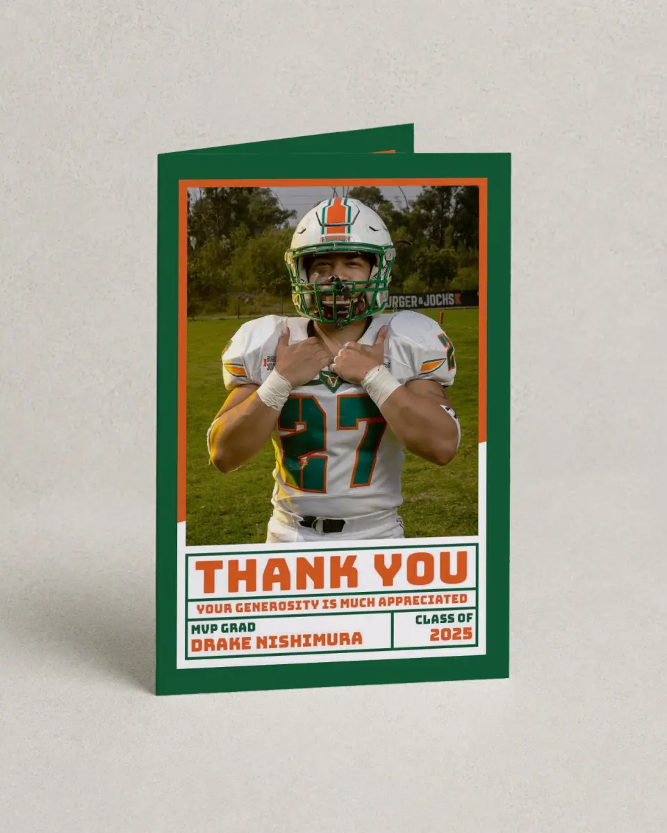 This is a 4" x 6" Folded Graduation Thank You Card called MVP Grad printed in full color with Rose Gold foil on Luxe Satin (coated) paper