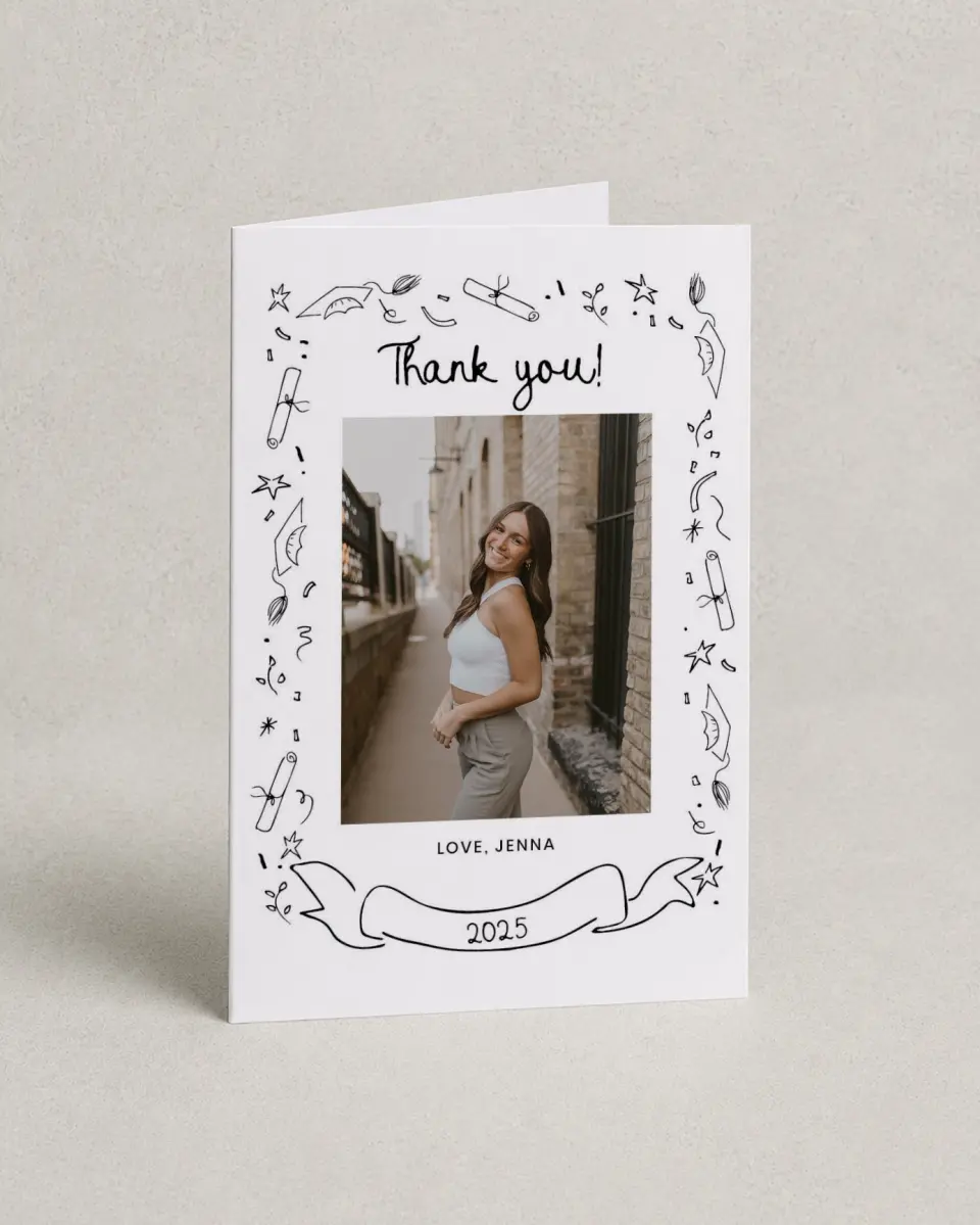 This is a 4" x 6" Folded Graduation Thank You Card called Handwritten Grad printed in full color with Rose Gold foil on Luxe Satin (coated) paper