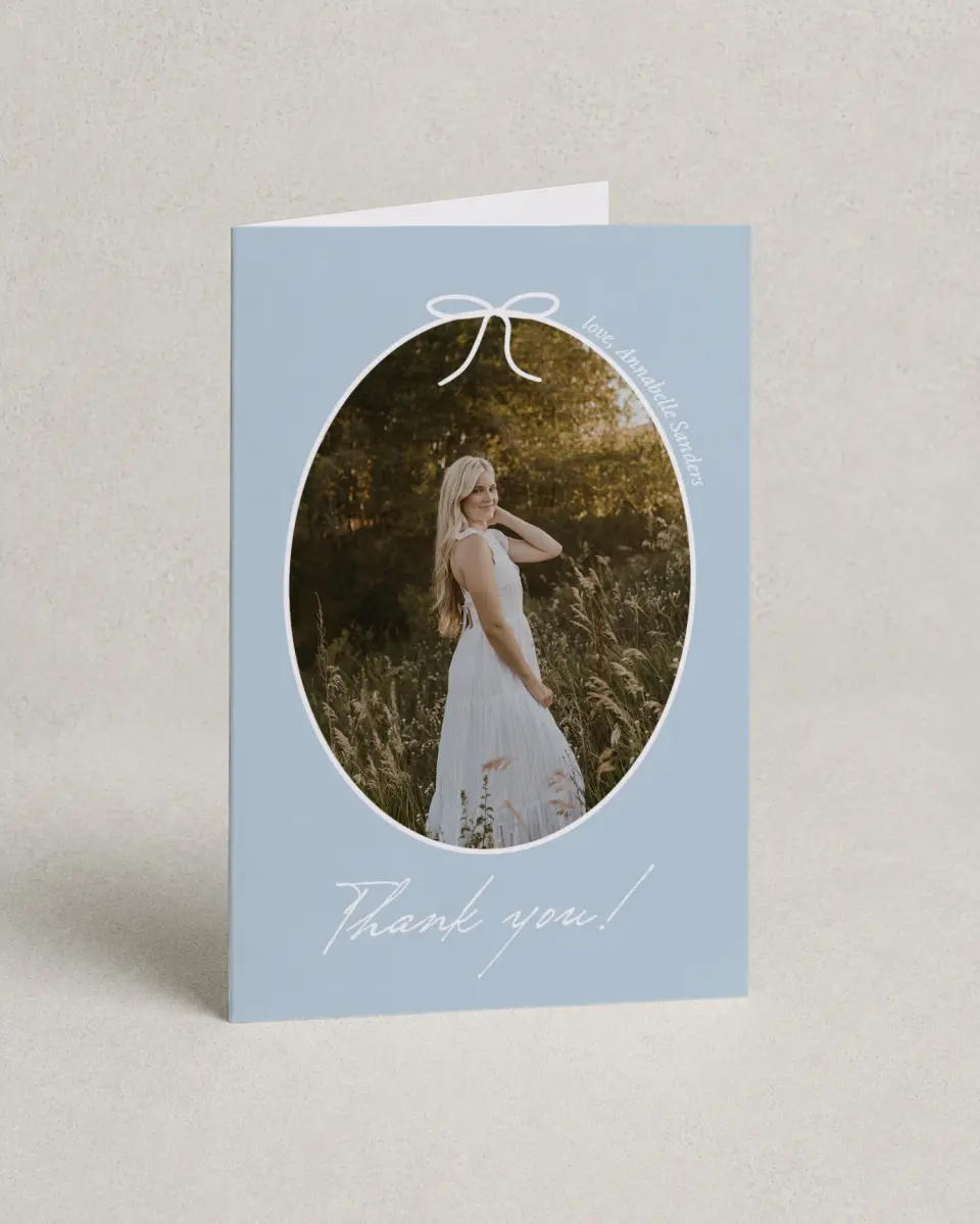 This is a 4" x 6" Folded Graduation Thank You Card called Future Tied printed in full color with Rose Gold foil on Luxe Satin (coated) paper
