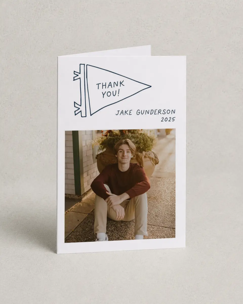 This is a 4" x 6" Folded Graduation Thank You Card called New Chapter printed in full color with Rose Gold foil on Luxe Satin (coated) paper