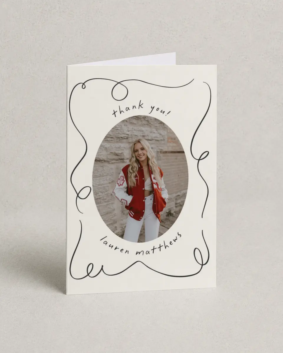 This is a 4" x 6" Folded Graduation Thank You Card called Free to be printed in full color with Rose Gold foil on Luxe Satin (coated) paper