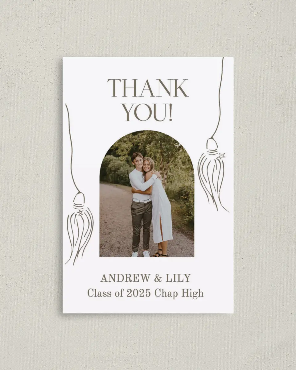 This is a 4" x 6" Folded Graduation Thank You Card called Cap and Gown printed in full color on Premium Smooth paper