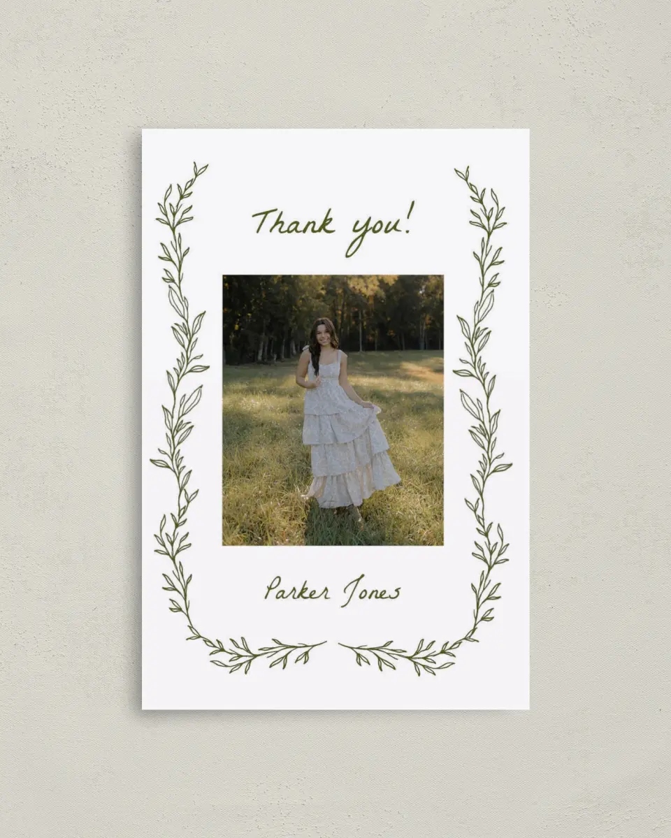 This is a 4" x 6" Folded Graduation Thank You Card called Flourish & Thrive printed in full color on Premium Smooth paper