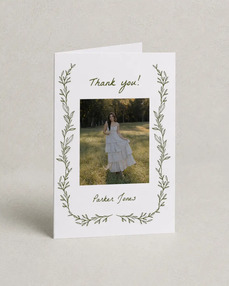 This is a 4" x 6" Folded Graduation Thank You Card called Flourish & Thrive printed in full color with Rose Gold foil on Luxe Satin (coated) paper