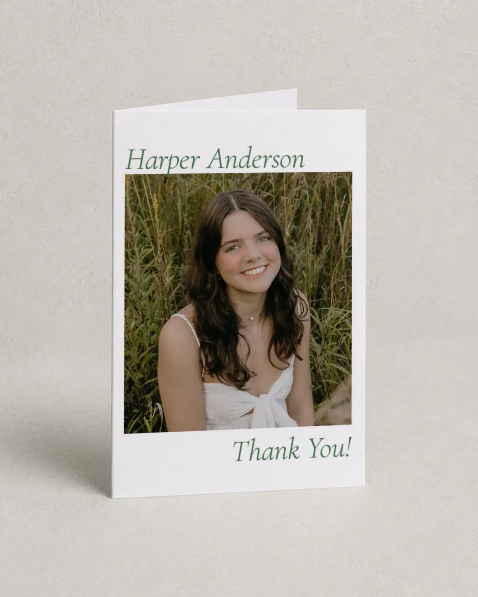 This is a 4" x 6" Folded Graduation Thank You Card called Our Grad printed in full color with Rose Gold foil on Luxe Satin (coated) paper