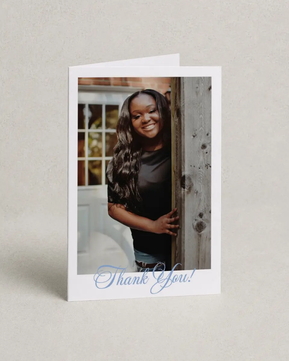 This is a 4" x 6" Folded Graduation Thank You Card called Celebration of Success printed in full color with Rose Gold foil on Luxe Satin (coated) paper