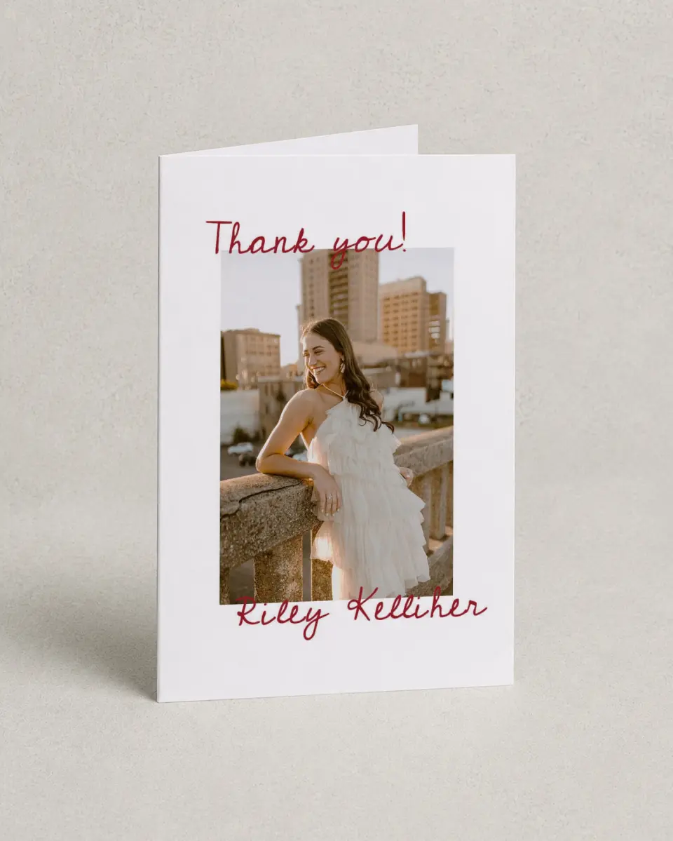 This is a 4" x 6" Folded Graduation Thank You Card called Stunning Celebration printed in full color with Rose Gold foil on Luxe Satin (coated) paper