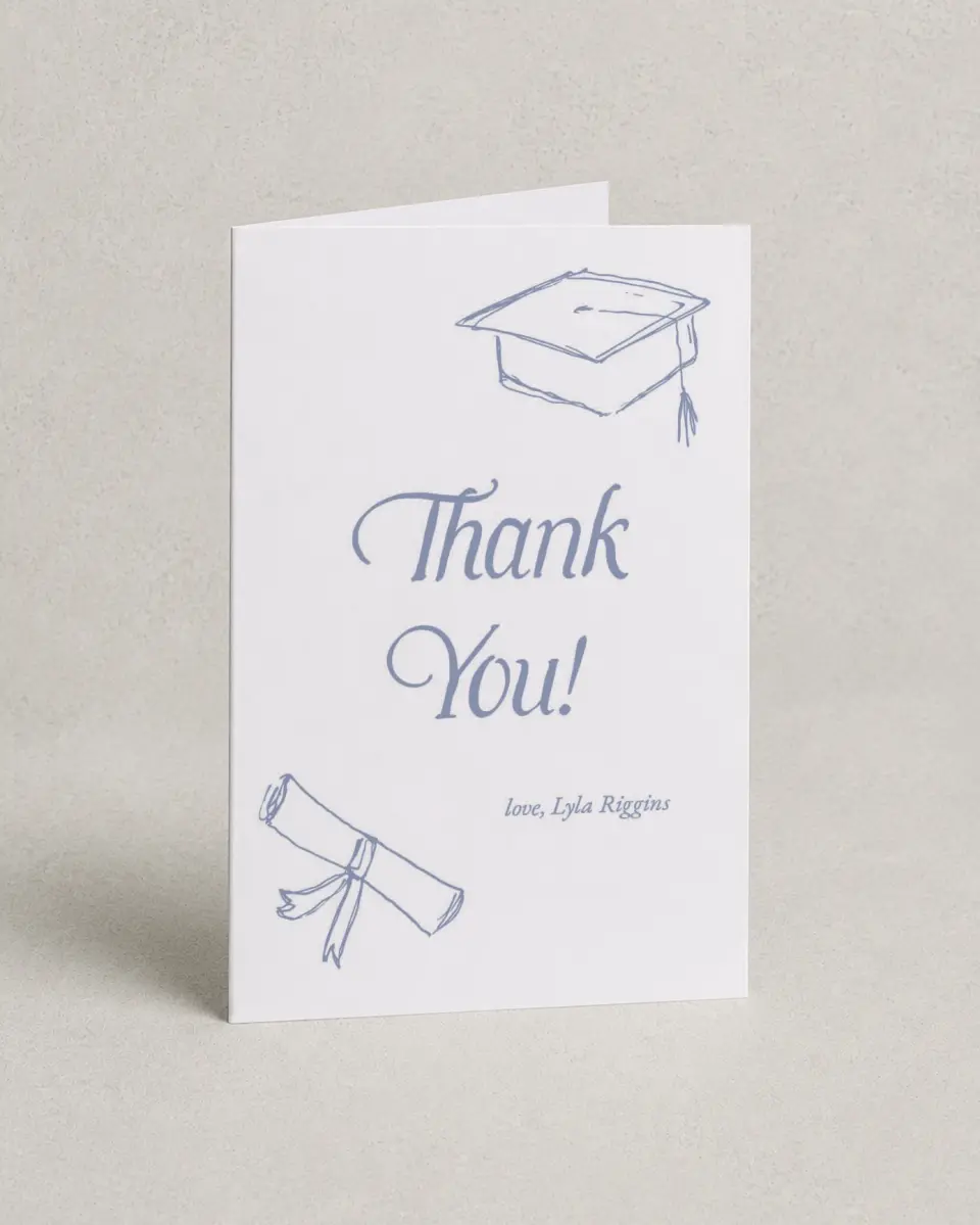 This is a 4" x 6" Folded Graduation Thank You Card called Time to Party printed in full color with Rose Gold foil on Luxe Satin (coated) paper
