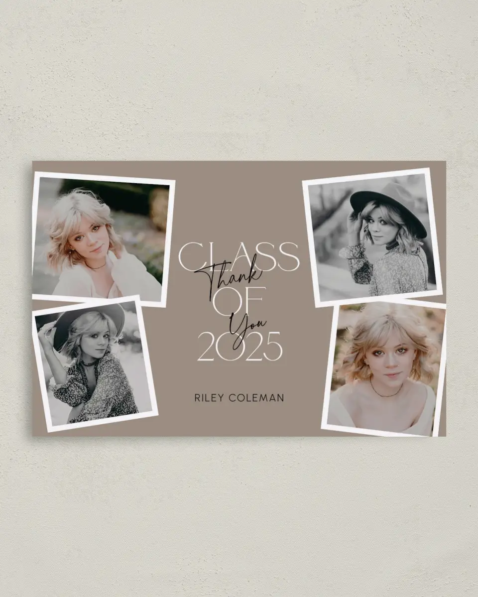 This is a 4" x 6" Folded Graduation Thank You Card called Layered Snapshots printed in full color with Silver foil on Luxe Satin (coated) paper
