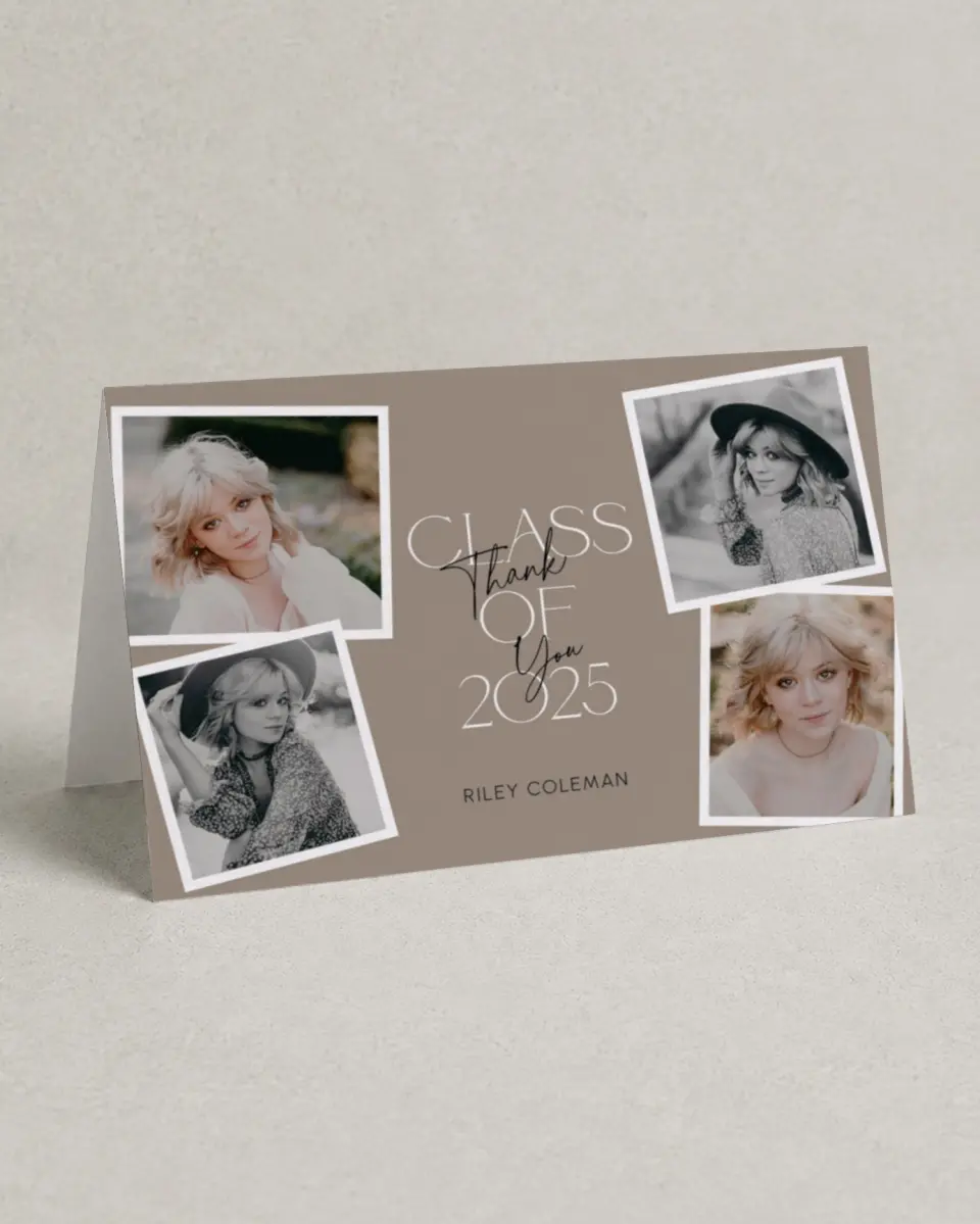 This is a 4" x 6" Folded Graduation Thank You Card called Layered Snapshots printed in full color on Premium Smooth paper