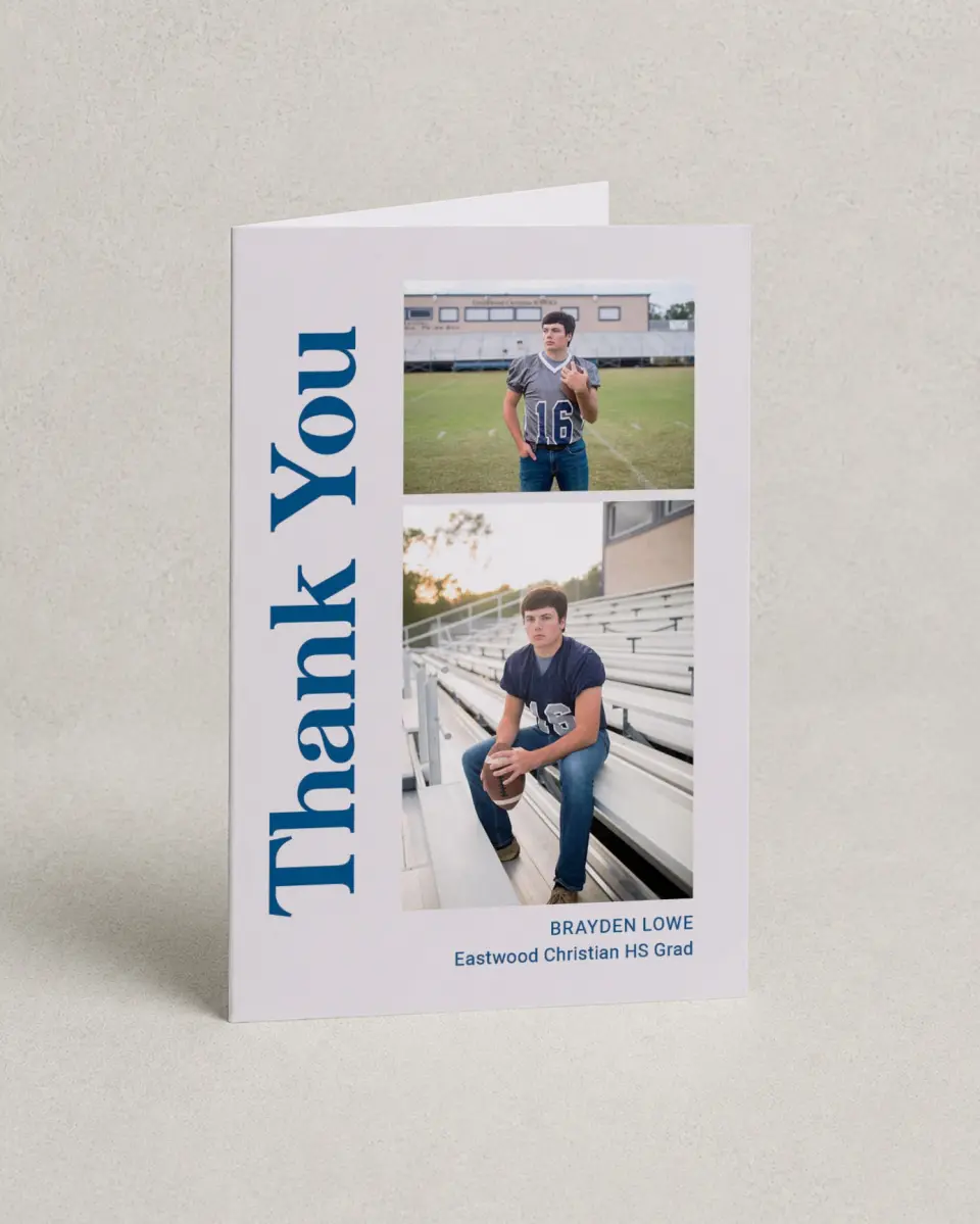 This is a 4" x 6" Folded Graduation Thank You Card called Side of Success printed in full color with Gold foil on Luxe Satin (coated) paper