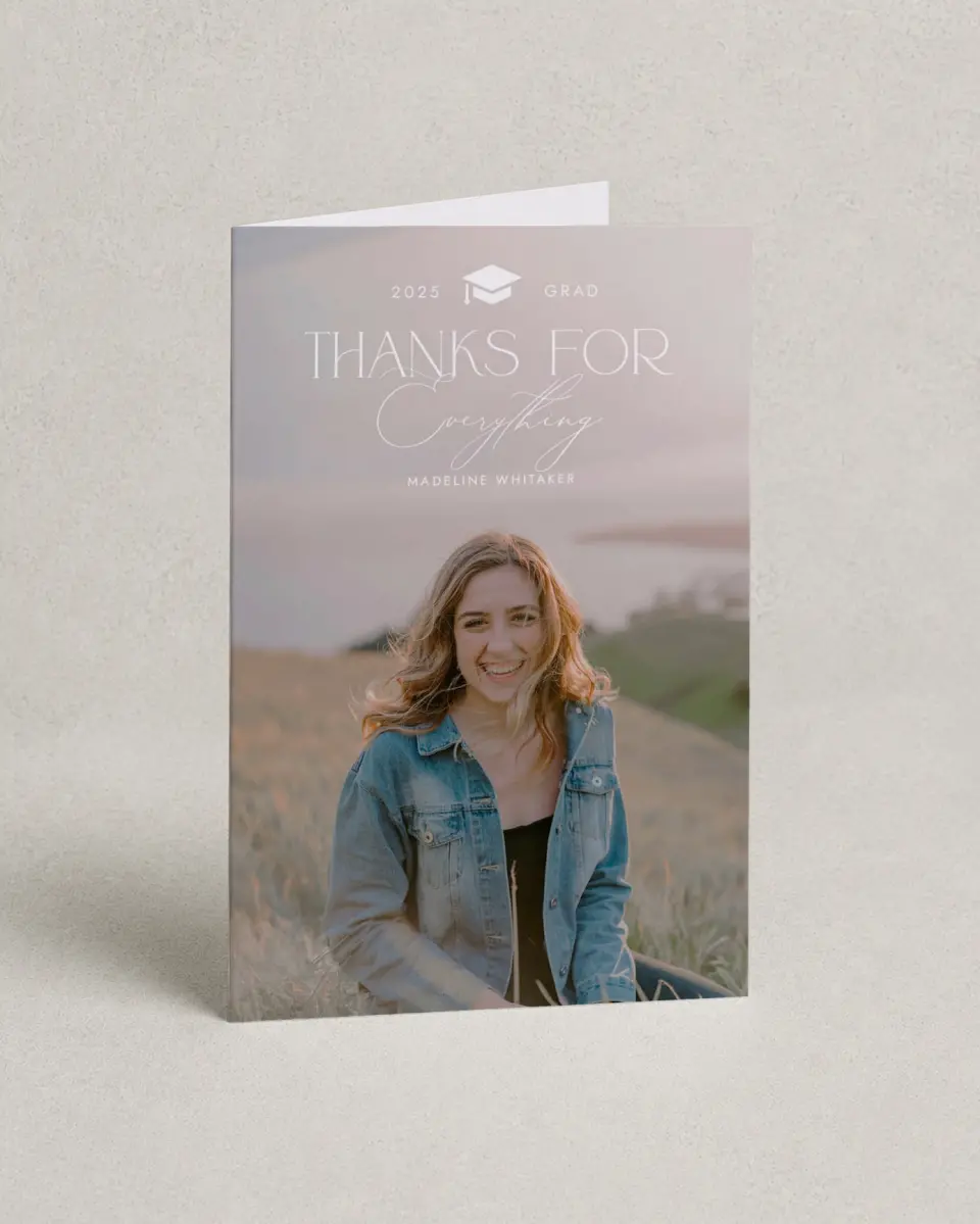 This is a 4" x 6" Folded Graduation Thank You Card called Crowning Moment printed in full color with Rose Gold foil on Luxe Satin (coated) paper
