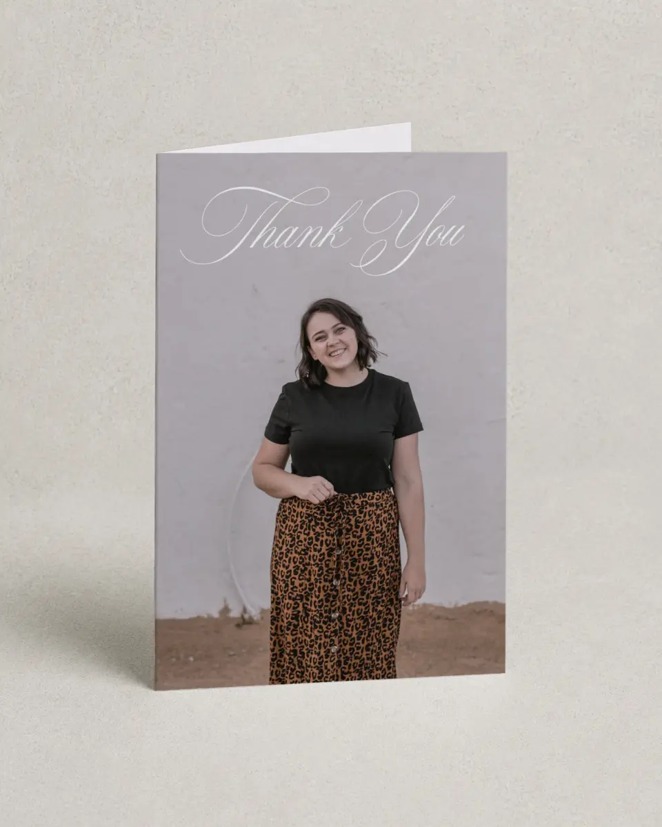 This is a 4" x 6" Folded Graduation Thank You Card called Class Elegance printed in full color with Rose Gold foil on Luxe Satin (coated) paper