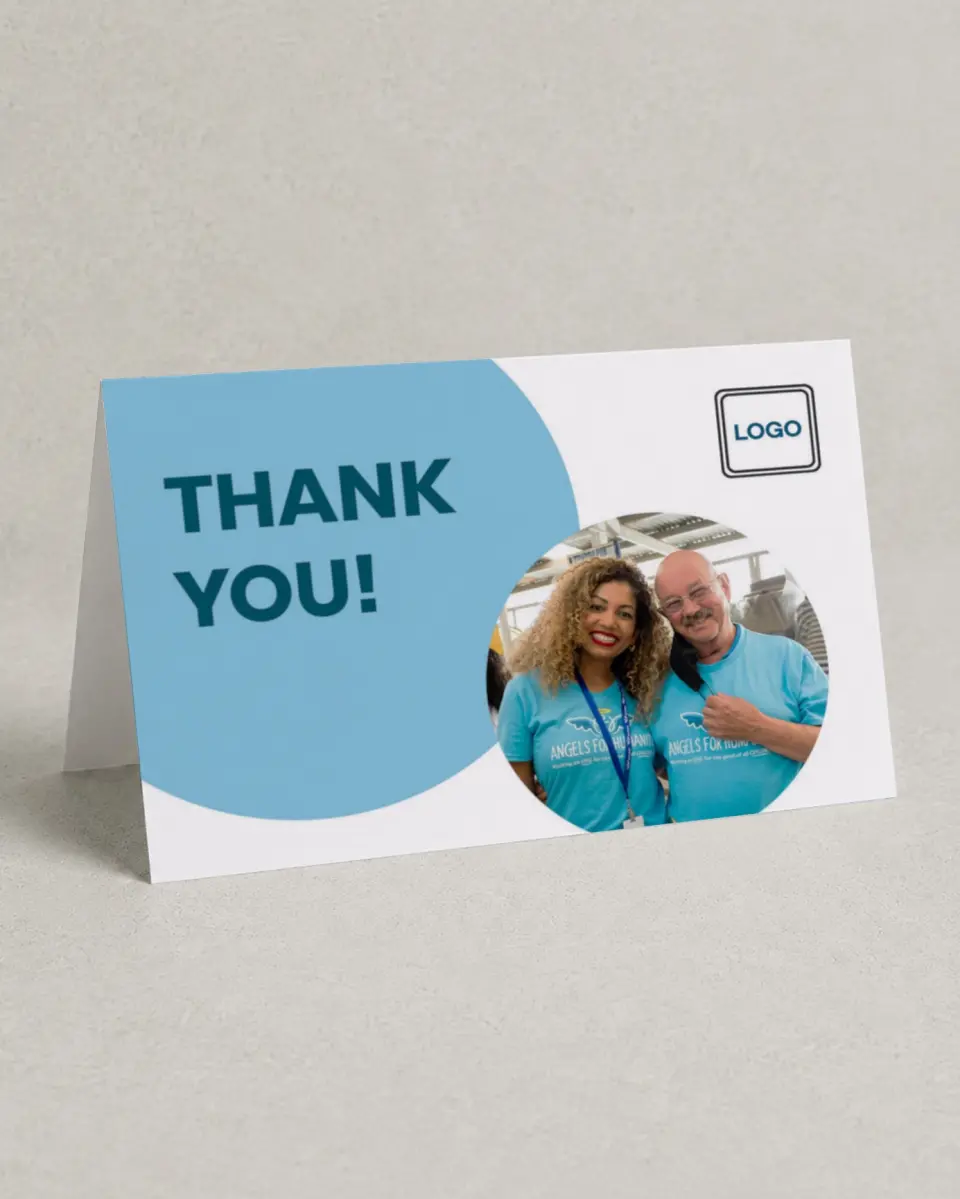 This is a 4" x 6" Folded Business Thank You Card called Circular Focus printed in full color on Premium Smooth paper