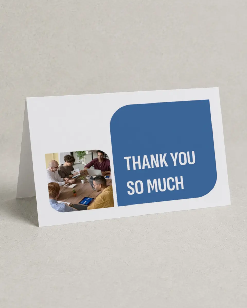 This is a 4" x 6" Folded Business Thank You Card called Sharp Structure printed in full color on Premium Smooth paper