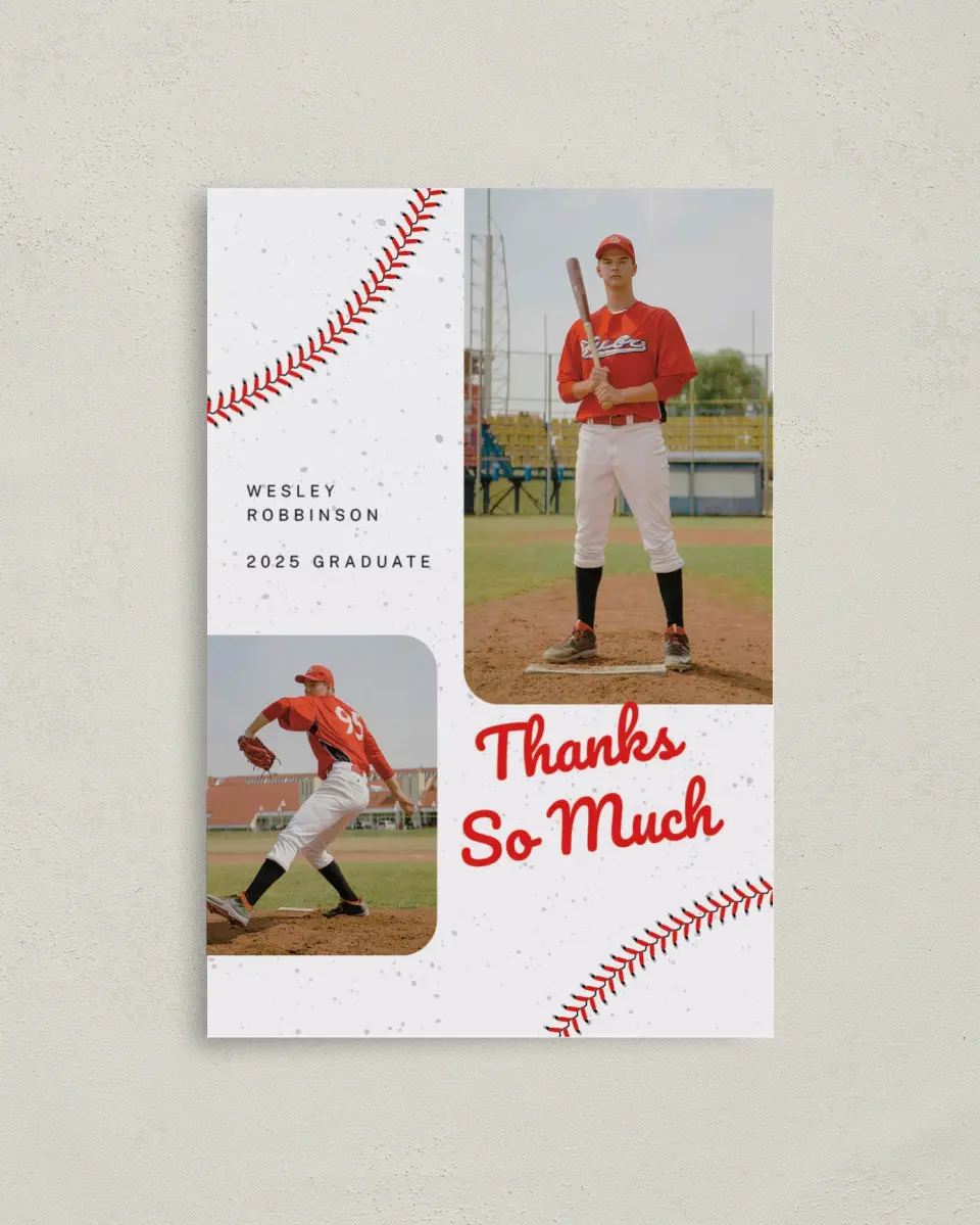 This is a 4" x 6" Folded Graduation Thank You Card called Homerun Hero printed in full color on Premium Smooth paper
