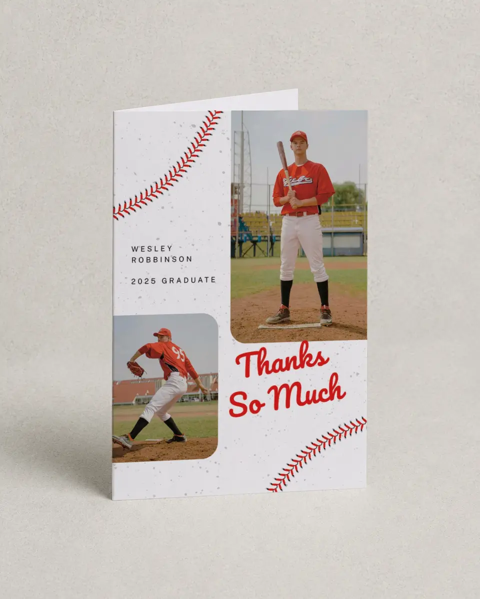 This is a 4" x 6" Folded Graduation Thank You Card called Homerun Hero printed in full color on Premium Smooth paper