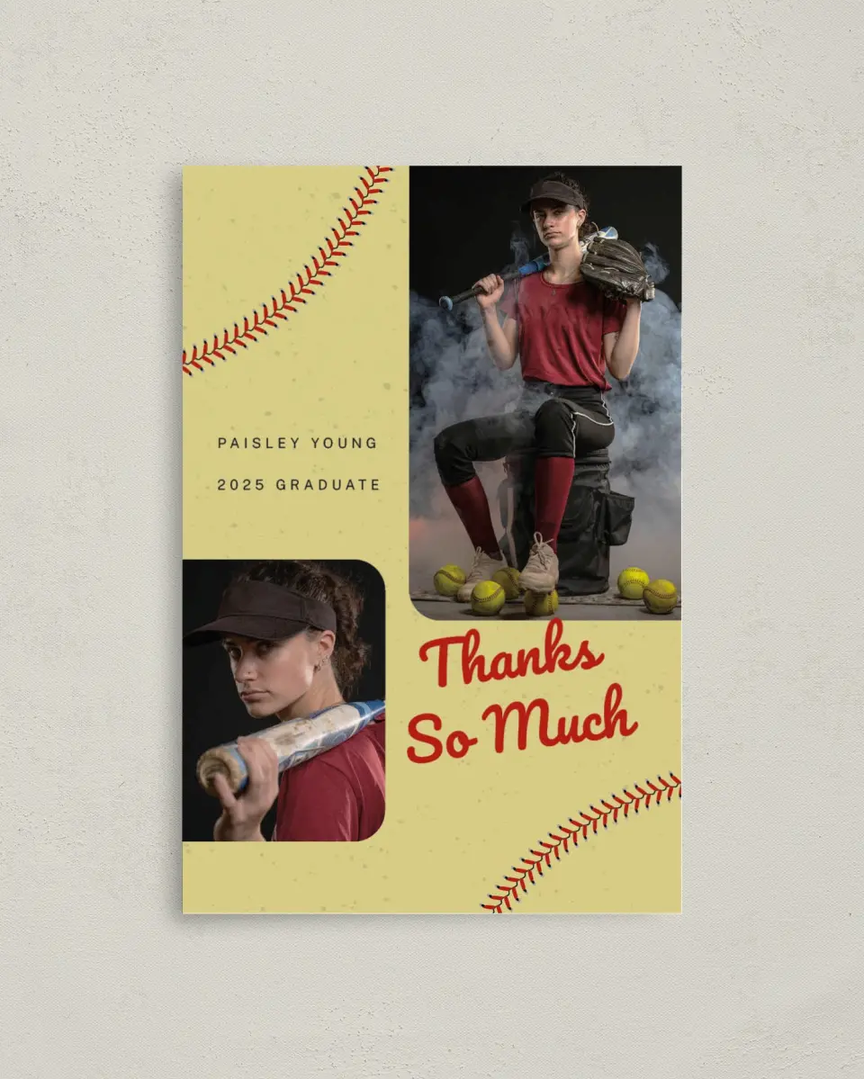 This is a 4" x 6" Folded Graduation Thank You Card called Softball Slugger printed in full color on Premium Smooth paper