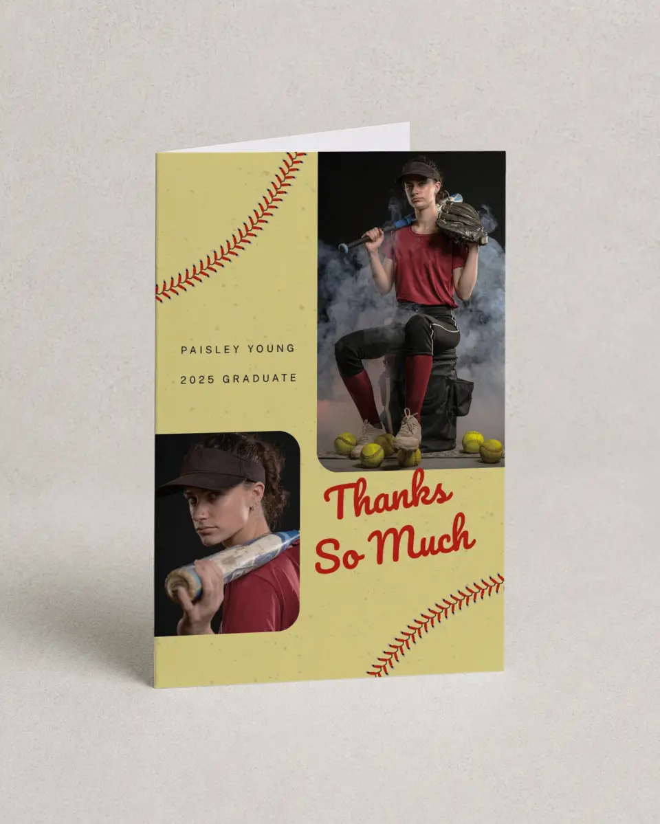 This is a 4" x 6" Folded Graduation Thank You Card called Softball Slugger printed in full color with Rose Gold foil on Luxe Satin (coated) paper