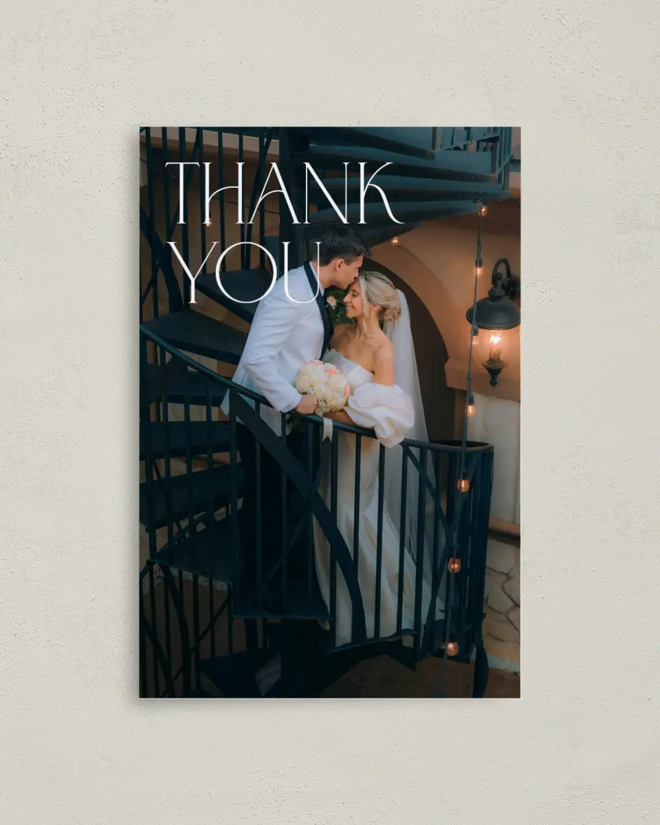 This is a 4" x 6" Folded Thank You Card called The Mila printed in full color with Rose Gold foil on Luxe Satin (coated) paper