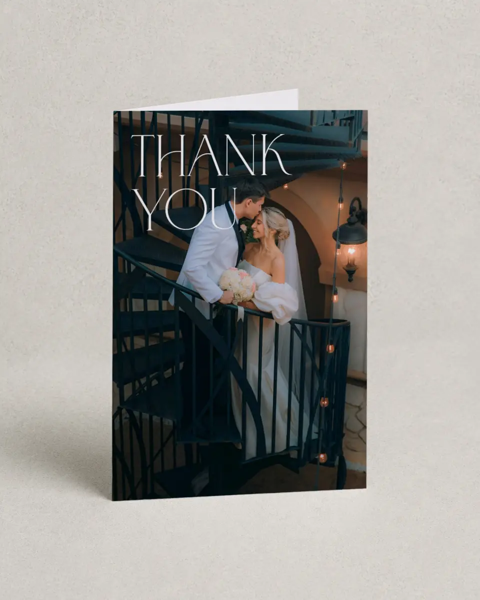 This is a 4" x 6" Folded Thank You Card called The Mila printed in full color on Premium Smooth paper