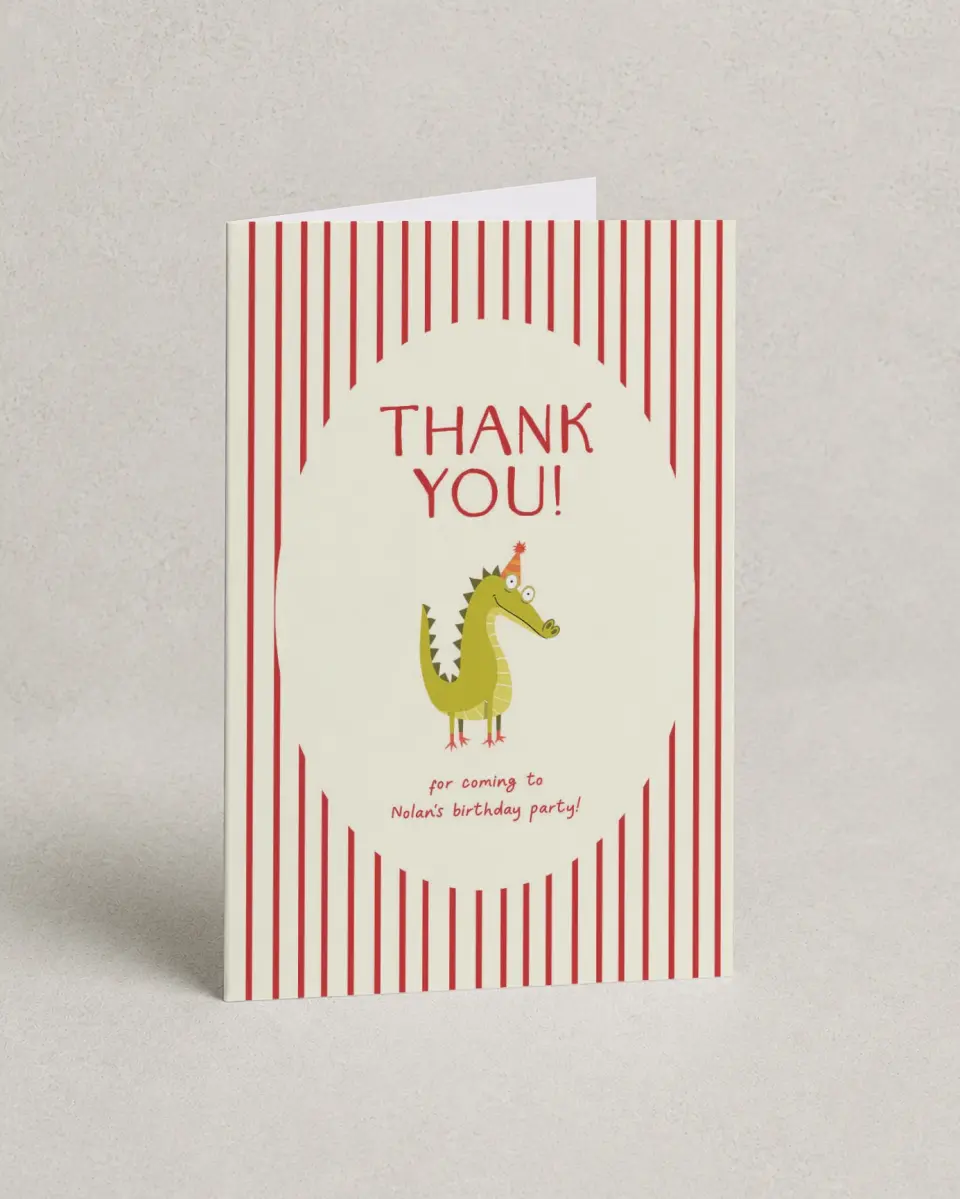 This is a 4" x 6" Folded Thank You Card called Snappin Birthday printed in full color on Premium Smooth paper