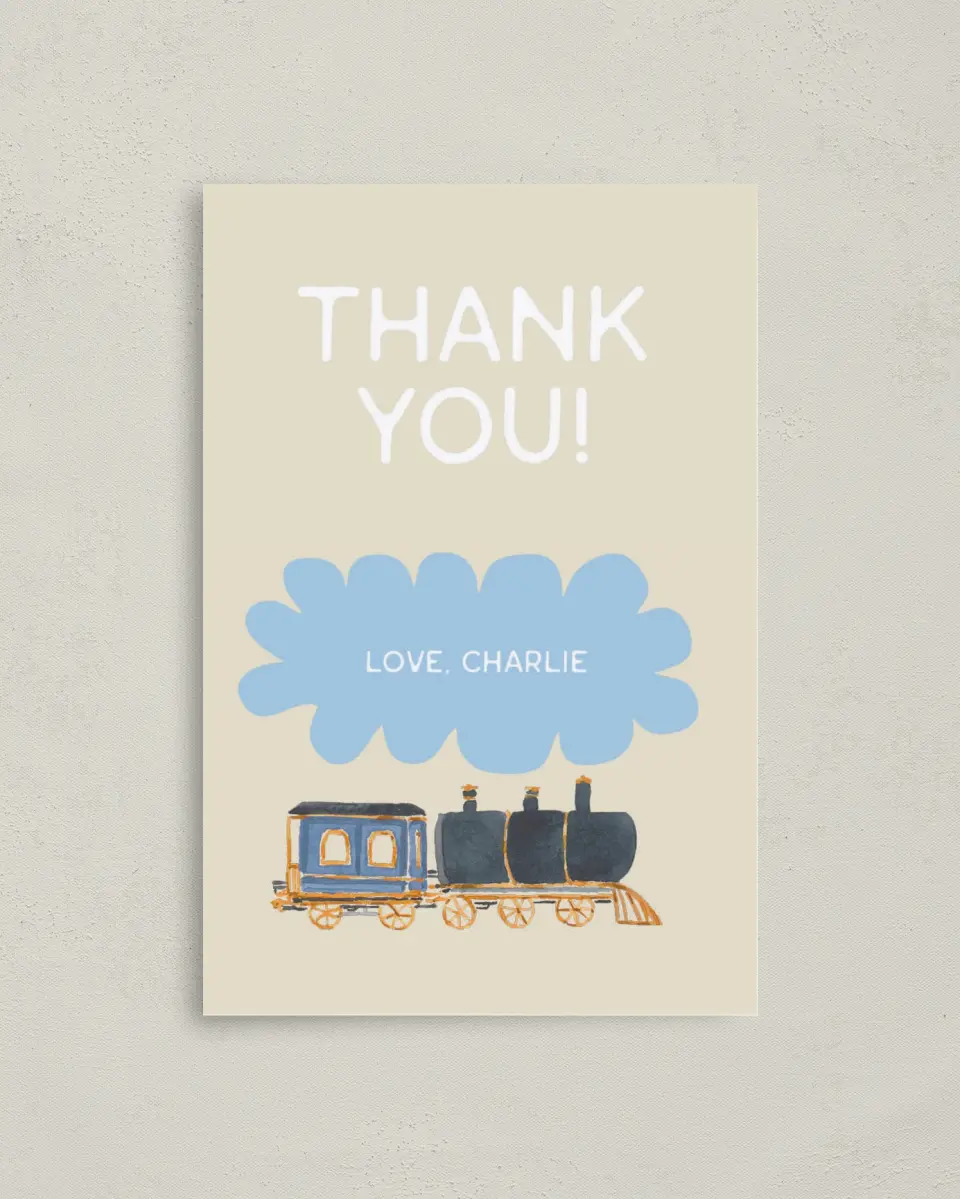 This is a 4" x 6" Folded Thank You Card called All Aboard printed in full color on Premium Smooth paper
