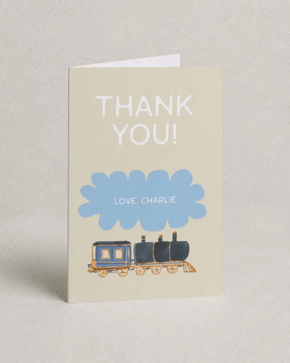 This is a 4" x 6" Folded Thank You Card called All Aboard printed in full color on Premium Smooth paper