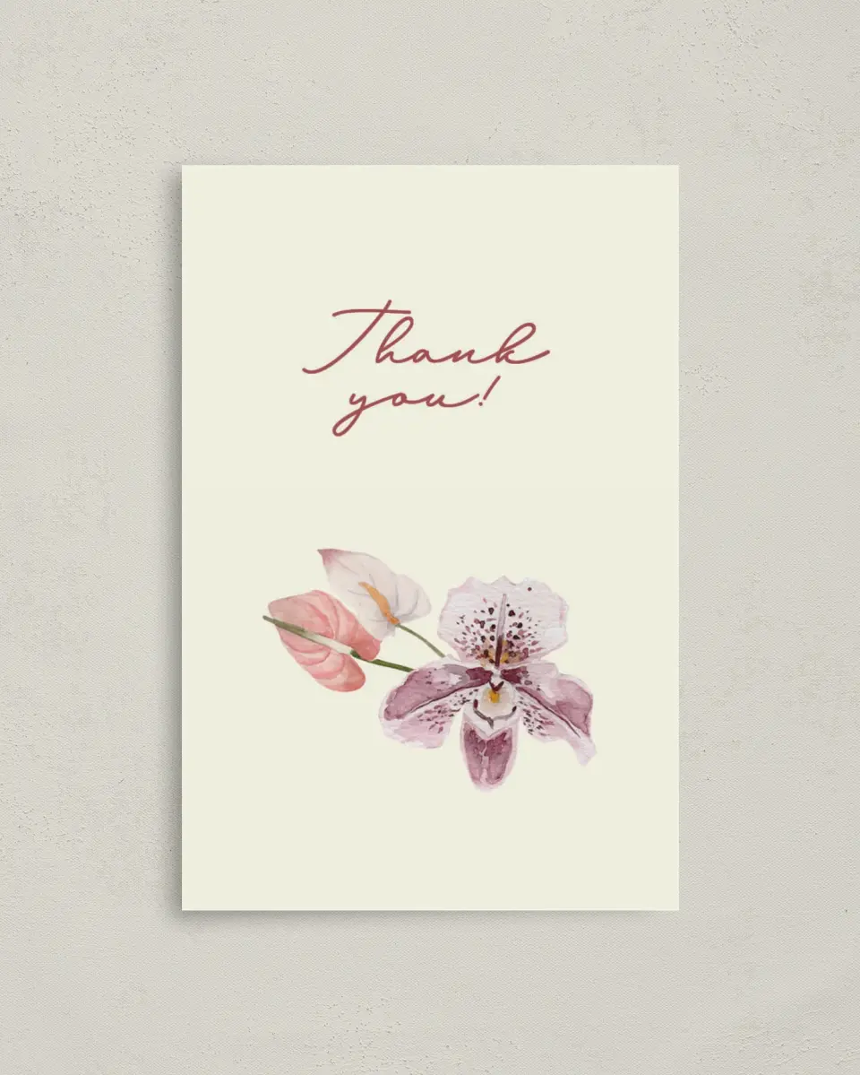 This is a 4" x 6" Folded Newlywed called Orchid Oasis printed in full color on Premium Smooth paper