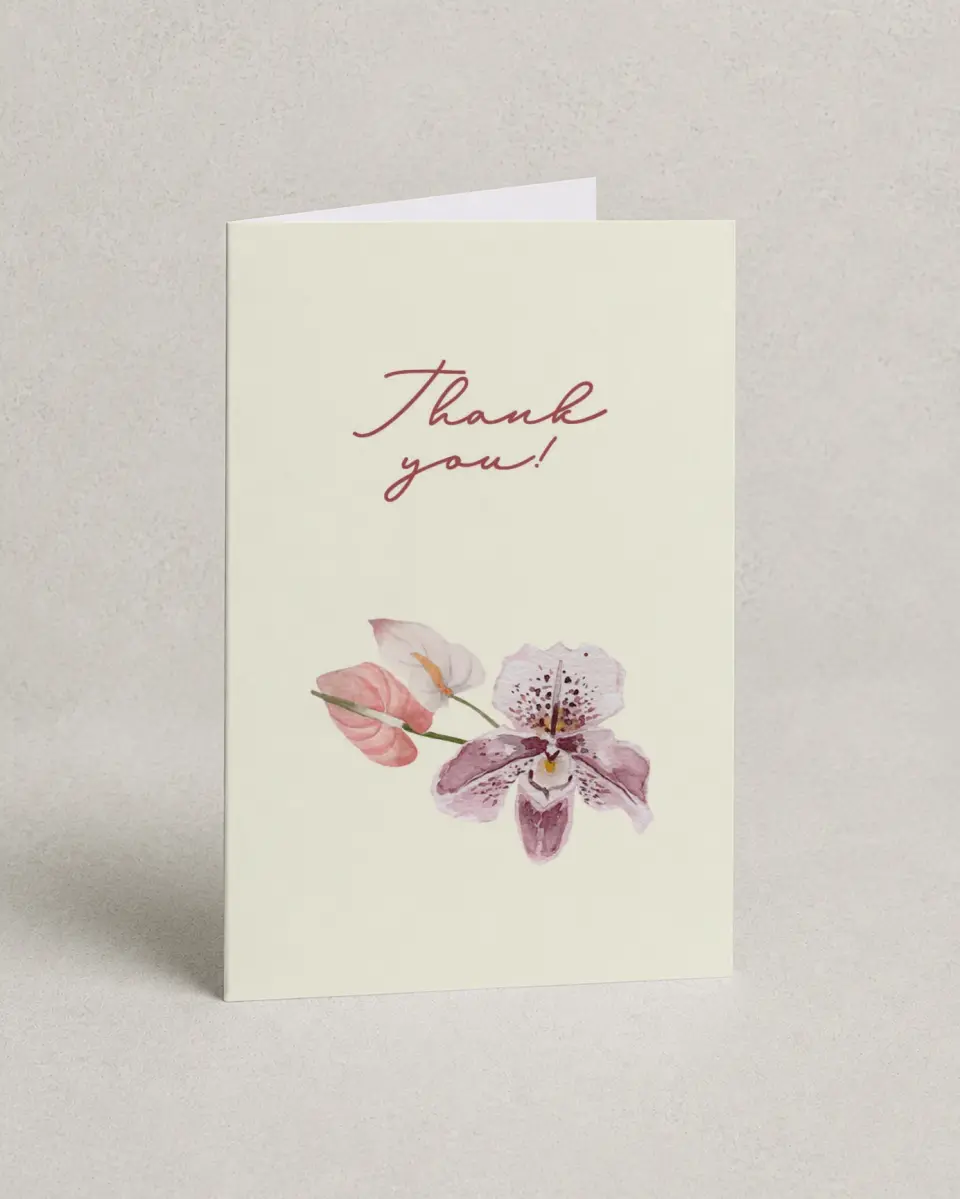 This is a 4" x 6" Folded Newlywed called Orchid Oasis printed in full color on Premium Smooth paper